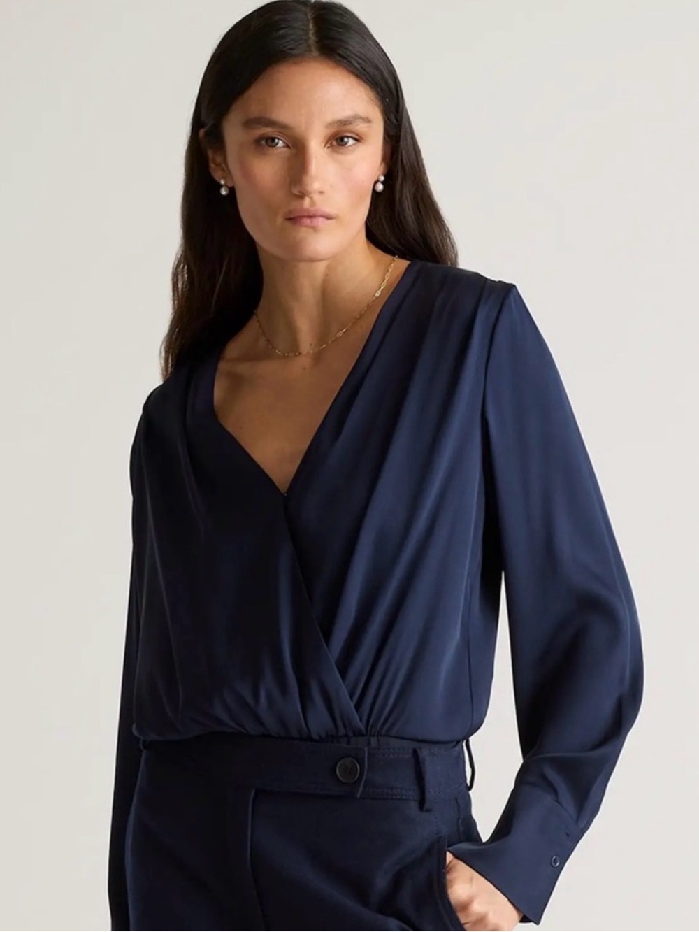 Quince SILK Bodysuit Navy Blue V Neck Long Sleeve Elegant Blouse XS - NWT